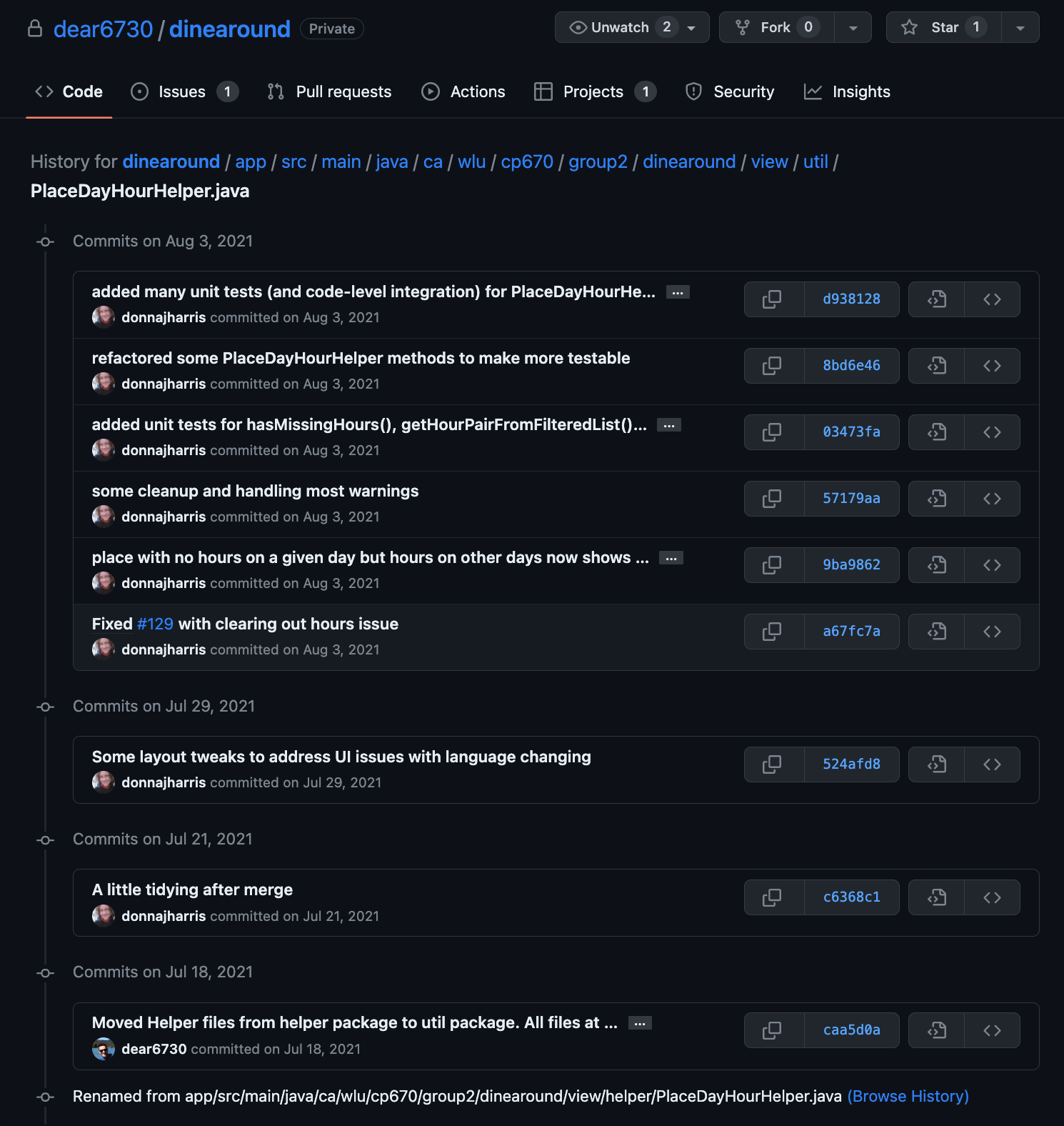 Page 1 of 2: Commit history for PlaceDayHourHelper.java
