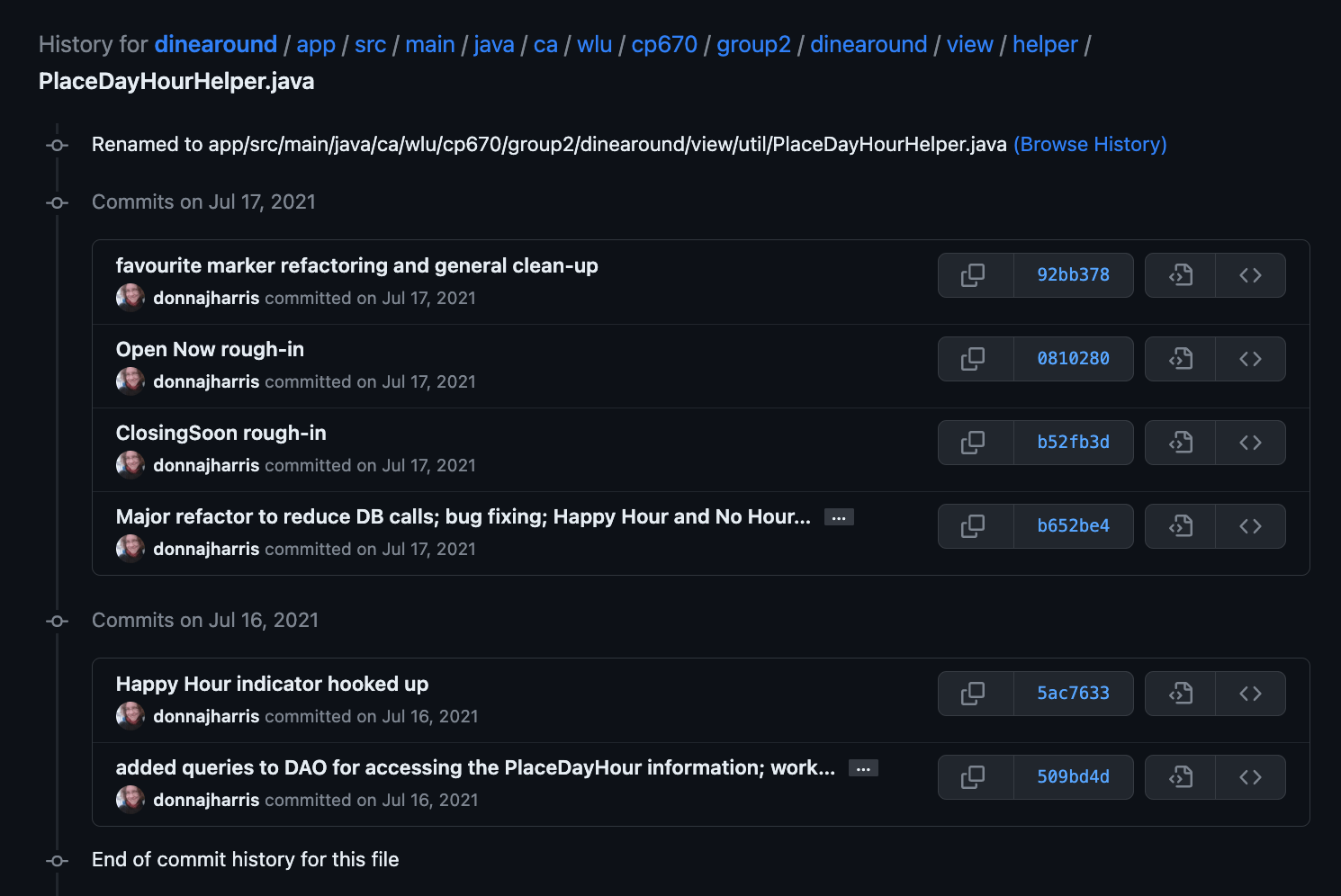 Page 1 of 2: Commit history for PlaceDayHourHelper.java