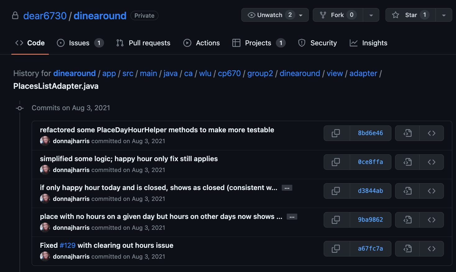 Page 1 of 6: Commit history for PlacesListAdapter.java