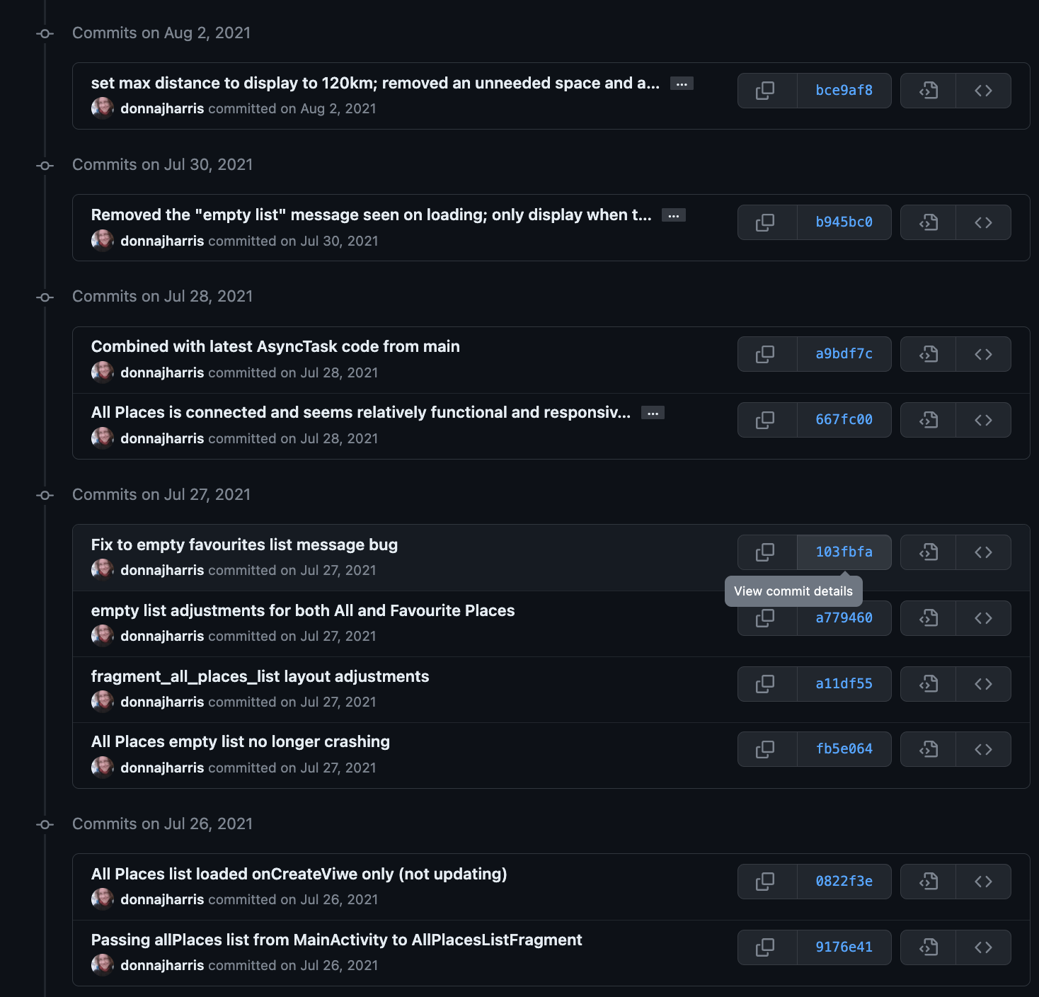 Page 2 of 6: Commit history for PlacesListAdapter.java