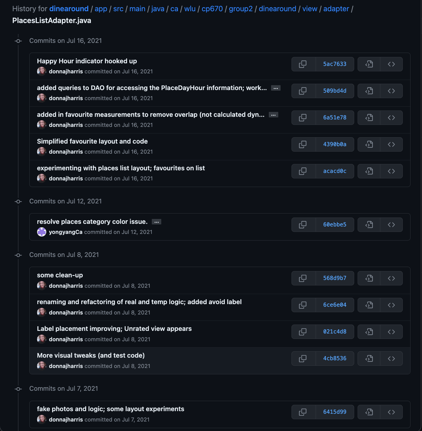 Page 5 of 6: Commit history for PlacesListAdapter.java