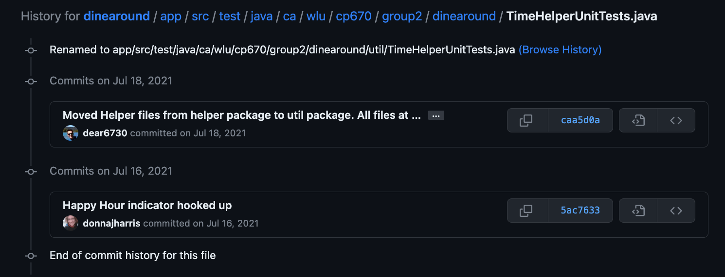 Page 2 of 2: Commit history for TimeHelperUnitTests.java