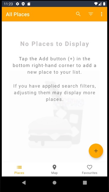 The Dine Around All Places list as it appears when empty. There are suggestions regarding why there are no items in the list.