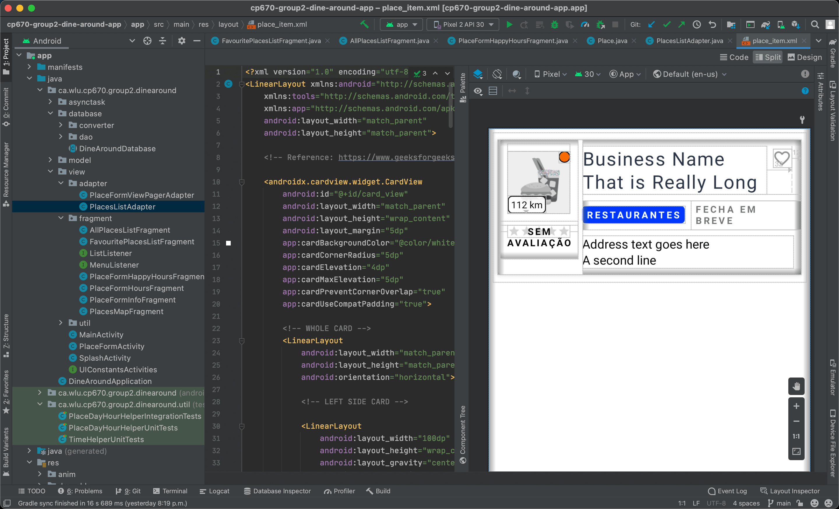 VS Code open to show the place_item.xml file and the resulting layout, with sample text