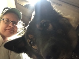 A nosy German Shepherd cross puppy looking into the camera lens with Donna smiling in the background.
